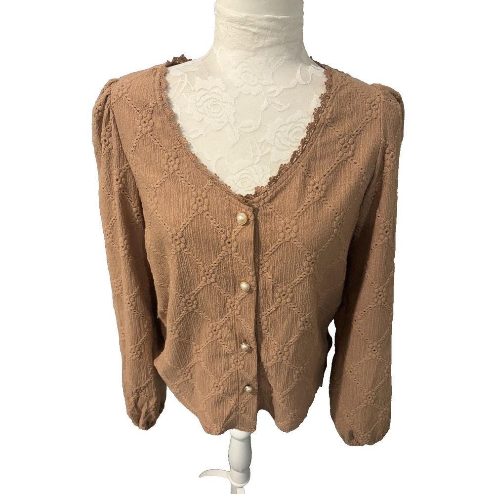 Shein "Frenchy" Camel Eyelet Lace Blouse ~S~ Puff  Slvs Scoop Nk Peasant Prairie